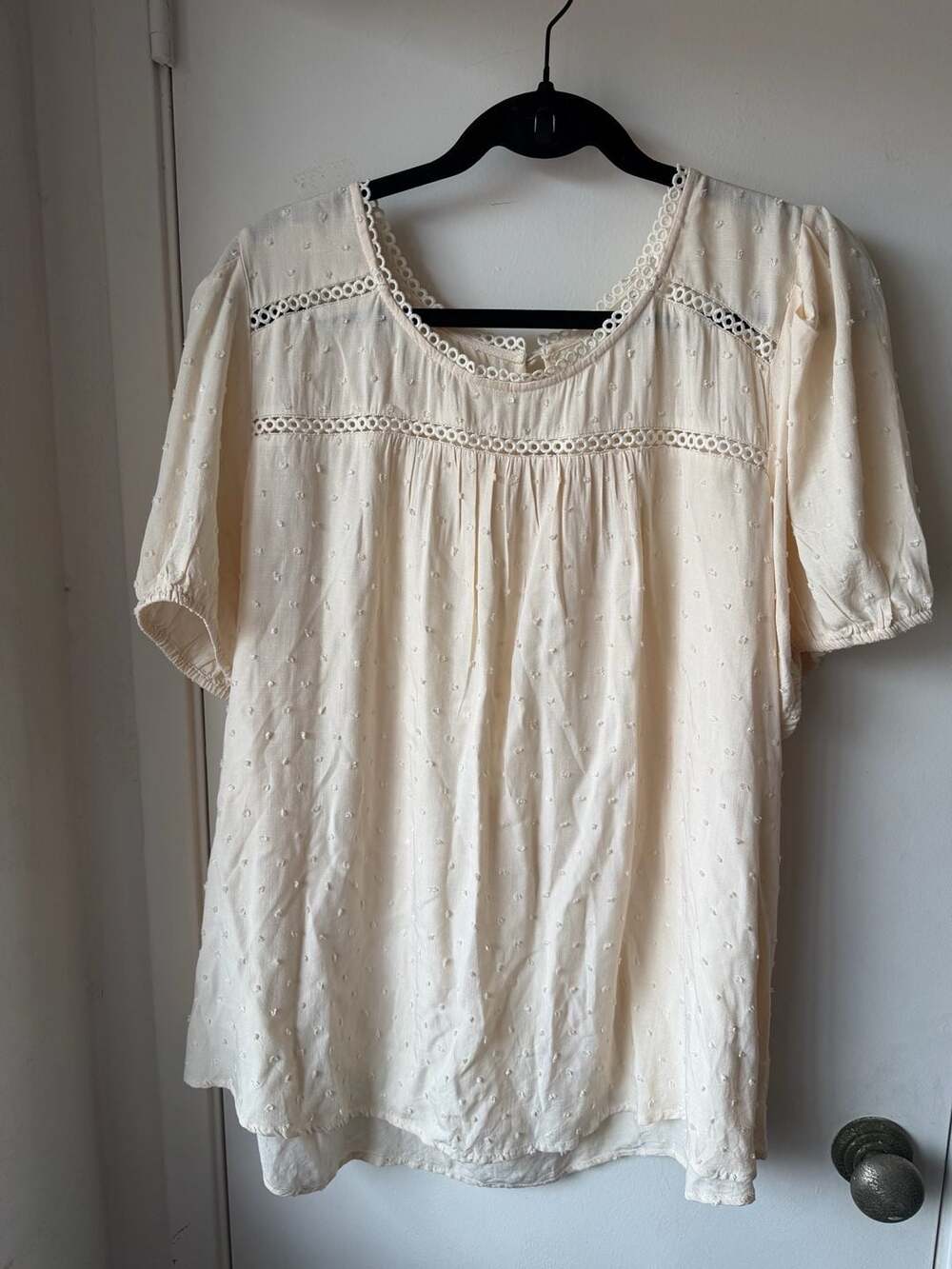 Flower & Feather Swiss Dot Blouse Size 2XL Cream Lace Trim Short Sleeve